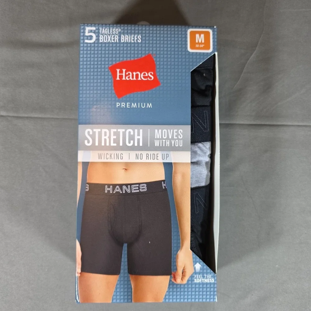 Hanes Premium Boxer Briefs Mens Medium Multicolor Dark 5 Pack Tagless Stretch